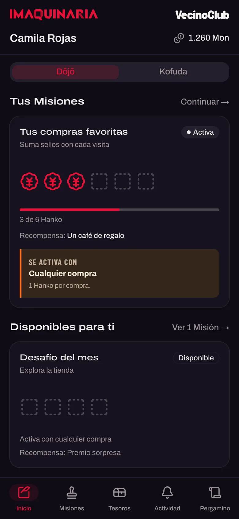 Inicio de VecinoClub en tema oscuro con una misión activa, saldo Mon y navegación inferior.