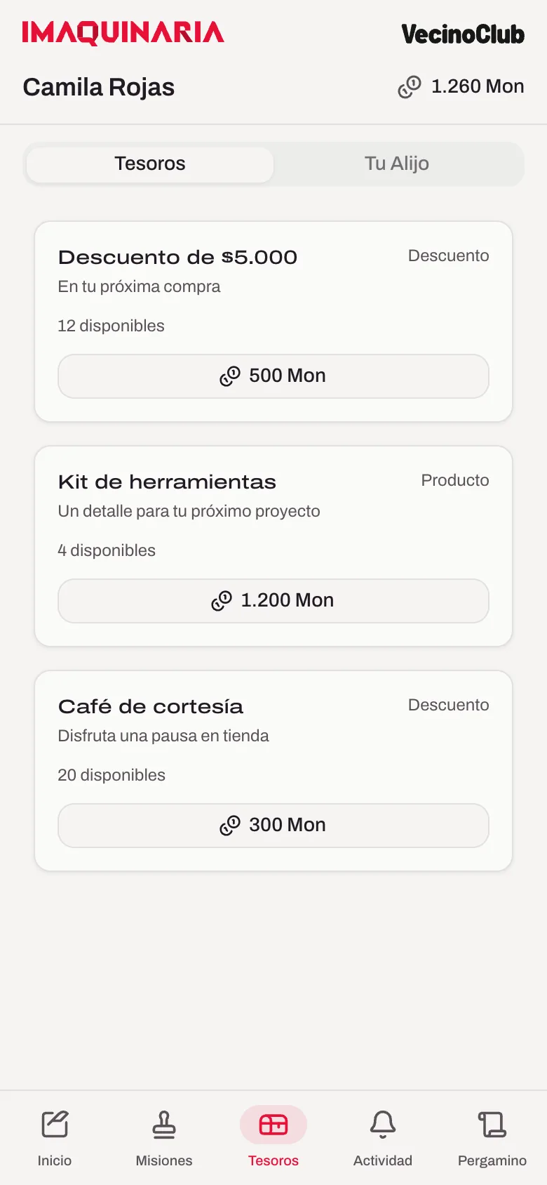 Catálogo ficticio de recompensas de VecinoClub en tema claro, con valores en Mon y navegación inferior.