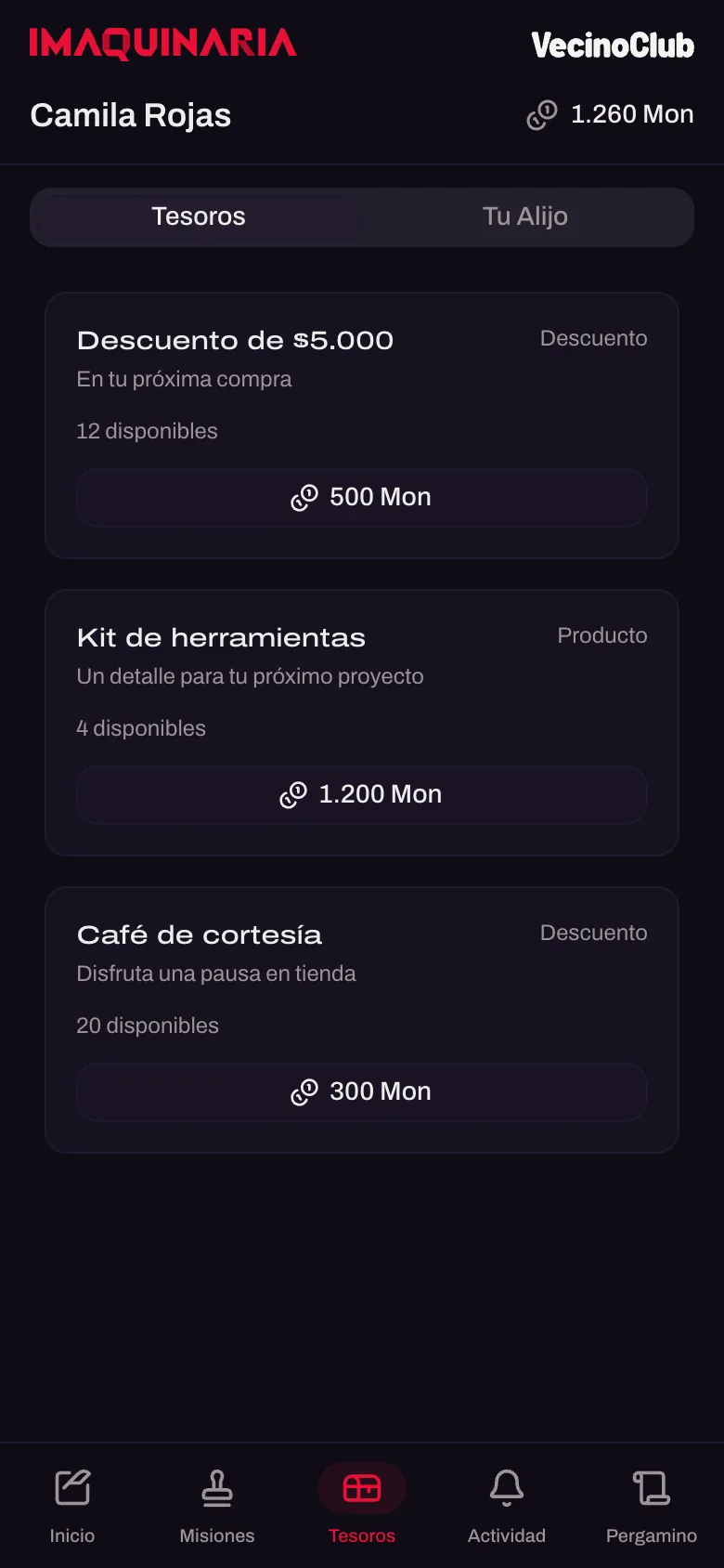 Catálogo ficticio de recompensas de VecinoClub en tema oscuro, con valores en Mon y navegación inferior.